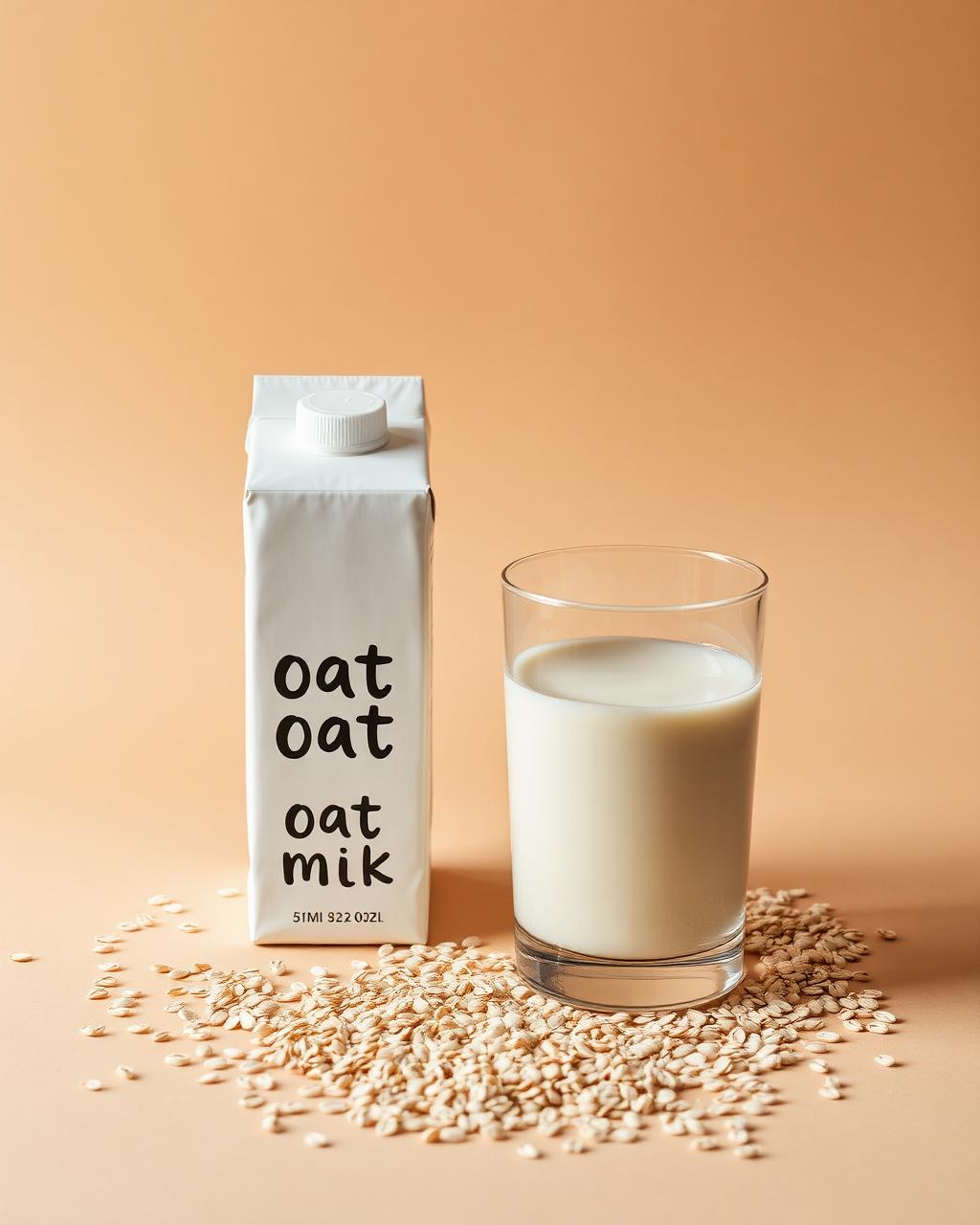 Carton of oat milk with a glass and oats
