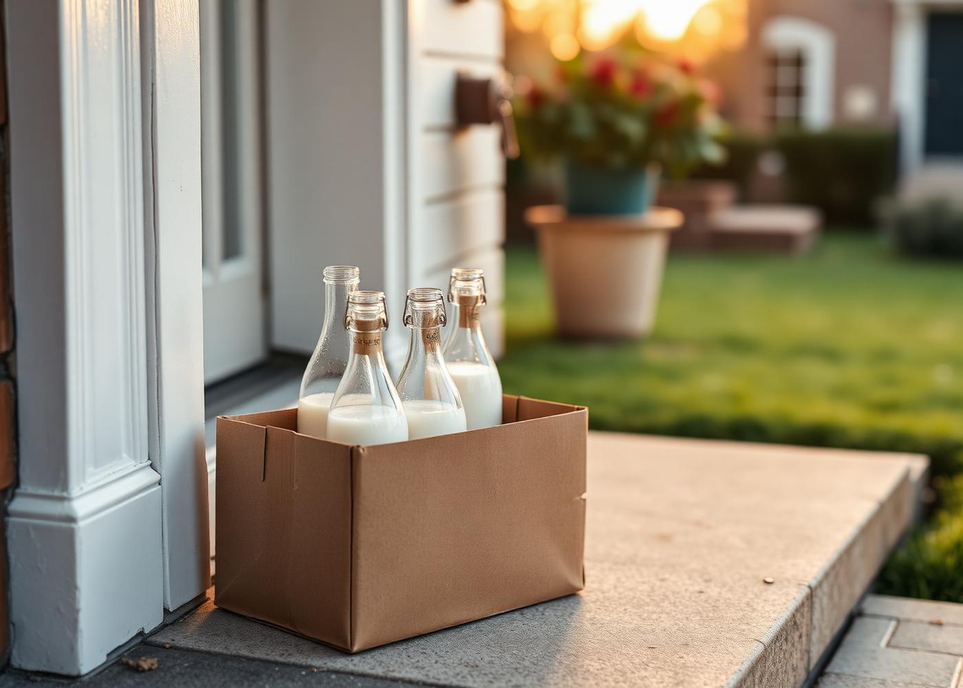 Glass bottles on a doorstep at sunrise